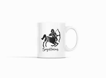 Sagittarius symbol (BG Black)- zodiac themed printed ceramic white coffee and tea mugs/ cups for astrology lovers