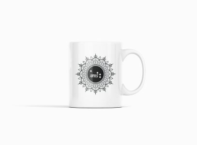 Aries mandala - zodiac themed printed ceramic white coffee and tea mugs/ cups for astrology lovers