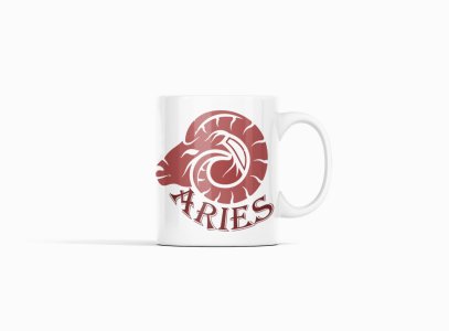 Aries symbol, (BG chocolate)- zodiac themed printed ceramic white coffee and tea mugs/ cups for astrology lovers