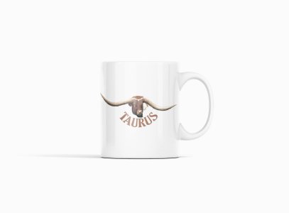Taurus symbol, (BG Brown)- zodiac themed printed ceramic white coffee and tea mugs/ cups for astrology lovers