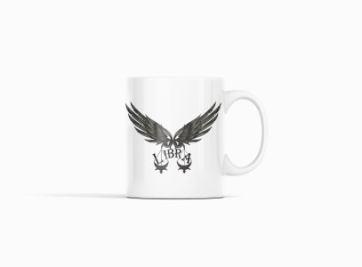 Libra symbol (Text above)- zodiac themed printed ceramic white coffee and tea mugs/ cups for astrology lovers
