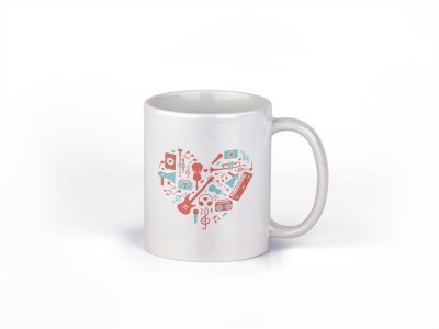 Musical instrument(Red) Printed In Heart- music themed printed ceramic white coffee and tea mugs/ cups for music lovers