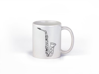 Sexaphone, black lines - music themed printed ceramic white coffee and tea mugs/ cups for music lovers