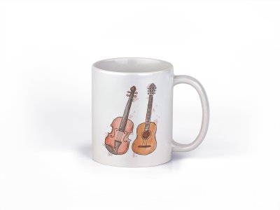 Guitar and violin - music themed printed ceramic white coffee and tea mugs/ cups for music lovers