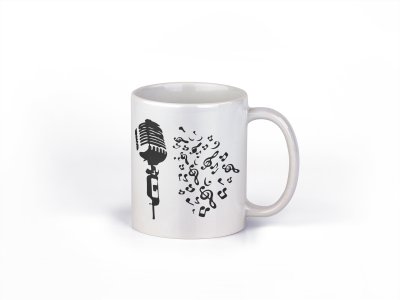 Microphone & Music Notes- music themed printed ceramic white coffee and tea mugs/ cups for music lovers