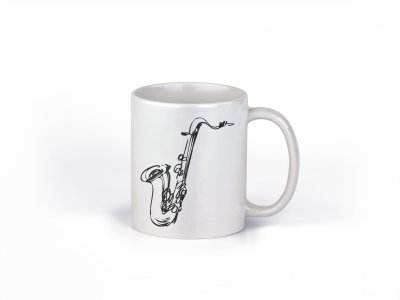 Black  Sexaphone- music themed printed ceramic white coffee and tea mugs/ cups for music lovers