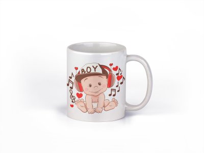 Baby With Headphone- music themed printed ceramic white coffee and tea mugs/ cups for music lovers