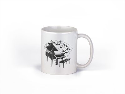 Piano with Musical Slanted beamed - music themed printed ceramic white coffee and tea mugs/ cups for music lovers