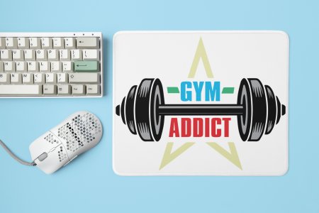 Gym Addict, (BG White, Red and Yellow), Barbell In Middle - Printed Mousepads For Gym Lovers