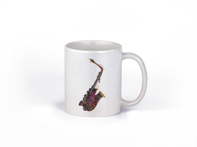 Sexaphone Colourfull illustration- music themed printed ceramic white coffee and tea mugs/ cups for music lovers