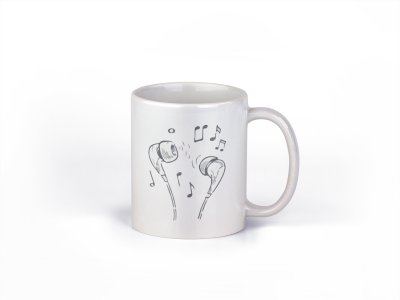 Earphones with Music Notes - music themed printed ceramic white coffee and tea mugs/ cups for music lovers