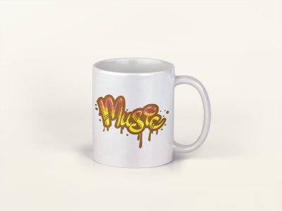 Music ( Yellow text ) - music themed printed ceramic white coffee and tea mugs/ cups for music lovers