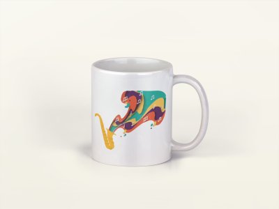 Saxophone Music Notes- music themed printed ceramic white coffee and tea mugs/ cups for music lovers