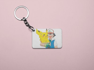 Pikachu in Ash's hand - Printed animated creature Keychains For Animation Lovers(Pack of 2)