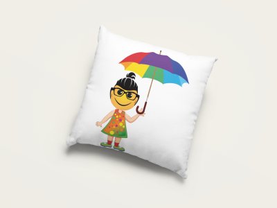 A Young Emoji Girl with Umbrella - Emoji Printed Pillow Covers For Emoji Lovers(Pack Of Two)