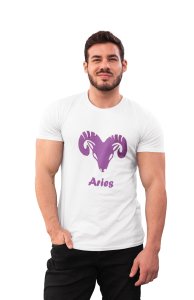 Aries (BG Purple) (White T) - Printed Zodiac Sign Tshirts - Made especially for astrology lovers people