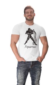 Aquarius (BG Black) (White T) - Printed Zodiac Sign Tshirts - Made especially for astrology lovers people