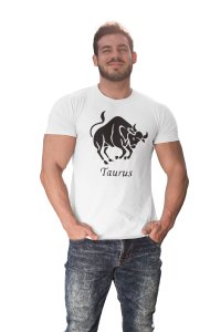 Taurus symbol (BG Black) (White T) - Printed Zodiac Sign Tshirts - Made especially for astrology lovers people