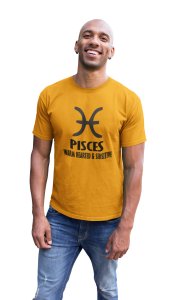 Pisces, warm hearted and sensitive (BG black) (Yellow T) - Printed Zodiac Sign Tshirts - Made especially for astrology lovers people