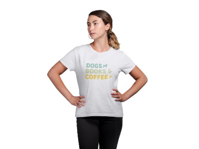Dogs books coffee (blue light green &yellow text) - White -printed cotton t-shirt - Comfortable and Stylish Tshirt