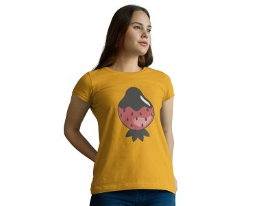 Big Strawberry Printed On Printed Yellow T-Shirts