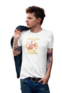 Train Hard Or Go Home, (BG Yellow, White and Red), Round Neck Gym Tshirt (White Tshirt) - Clothes for Gym Lovers - Suitable for Gym Going Person - Foremost Gifting Material for Your Friends and Close Ones