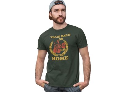 Train Hard or Go Home Round Neck Gym Tshirt (BG Golden and Red) - Foremost Gifting Material for Your Friends and Close Ones