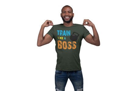 Train Like A Boss, (BG Blue, Yellow, Green and Orange), Round Neck Gym Tshirt - Foremost Gifting Material for Your Friends and Close Ones