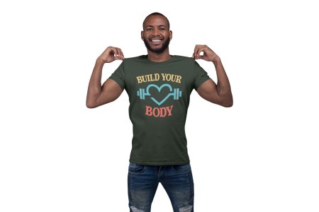 Build Your Body, Round Neck Gym Tshirt (Yellow, Blue, Pink Outlines) - Foremost Gifting Material for Your Friends and Close Ones