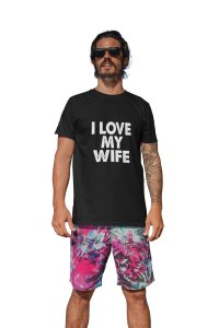 my wife -printed family themed cotton blended half-sleeve t-shirts made for men (black)