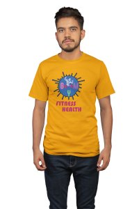 Gym, Fitness Health, (BG Blue and Pink), Round Neck Gym Tshirt (Yellow Tshirt) - Clothes for Gym Lovers - Foremost Gifting Material for Your Friends and Close Ones