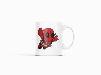 Deadpool flying - animation themed printed ceramic white coffee and tea mugs/ cups for animation lovers
