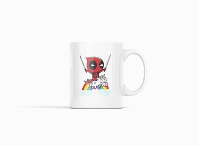 Deadpool sitting on unicorn - animation themed printed ceramic white coffee and tea mugs/ cups for animation lovers