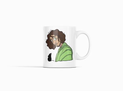 Curly hair boy, green Tshirt - animation themed printed ceramic white coffee and tea mugs/ cups for animation lovers