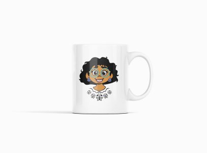 Curly hair girl, green spects - animation themed printed ceramic white coffee and tea mugs/ cups for animation lovers