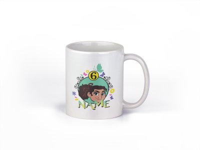 Curly hair girl, freckles on face- animation themed printed ceramic white coffee and tea mugs/ cups for animation lovers