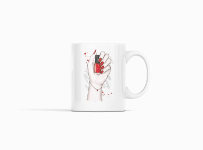 Red nailpaint hand - animation themed printed ceramic white coffee and tea mugs/ cups for animation lovers