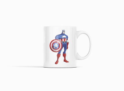 Captain America standing- animation themed printed ceramic white coffee and tea mugs/ cups for animation lovers