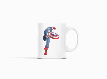 Captain America throwing shield - animation themed printed ceramic white coffee and tea mugs/ cups for animation lovers