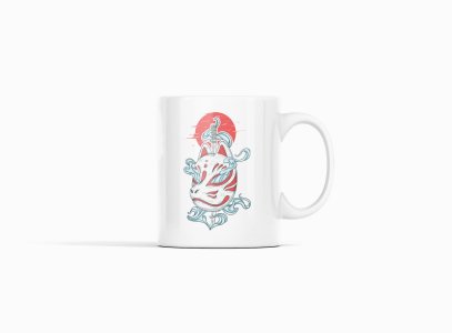 Kitsune mask - animation themed printed ceramic white coffee and tea mugs/ cups for animation lovers