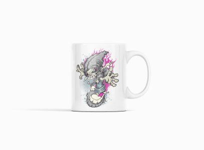 Creature sliding down - animation themed printed ceramic white coffee and tea mugs/ cups for animation lovers