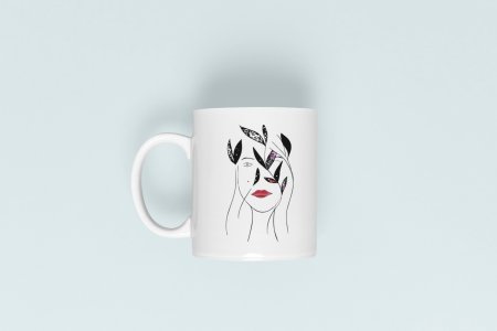 Women With Red Lipstick - line art themed printed ceramic white coffee and tea mugs/ cups