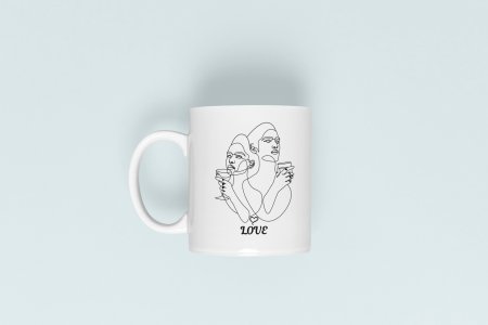 Love In Drink - line art themed printed ceramic white coffee and tea mugs/ cups