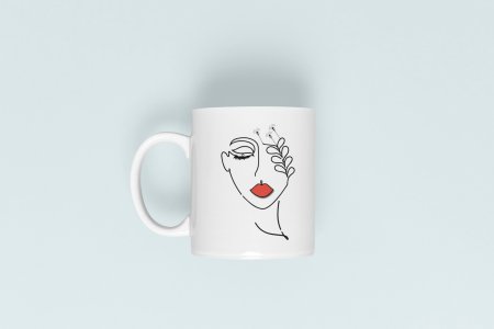 Women with flower - line art themed printed ceramic white coffee and tea mugs/ cups
