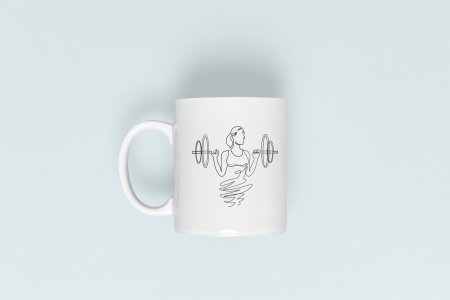 Women Lifting weight- line art themed printed ceramic white coffee and tea mugs/ cups