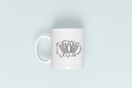 Wow - line art themed printed ceramic white coffee and tea mugs/ cups