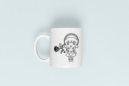 Rose Girl - line art themed printed ceramic white coffee and tea mugs/ cups
