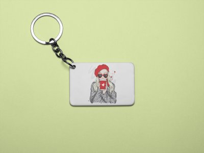 Girl with coffee container - Printed acrylic animated Keychain(Pack Of 2)