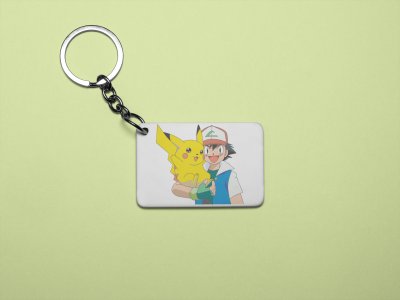 Pikachu in Ash's hand - Printed acrylic animated Keychain(Pack Of 2)