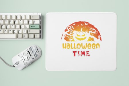 Halloween Time -Evil Pumpkin And Trees Inside The Semi Circle -Halloween Theme Mousepads